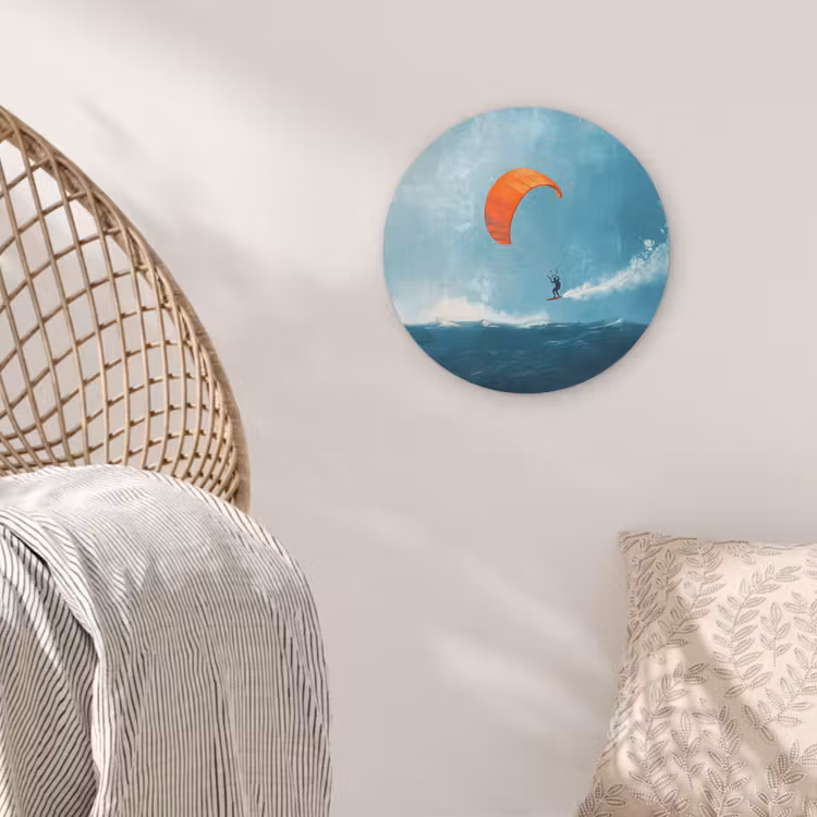 Kitesurfer - Oranje - Zee - Lucht Akoestische PET Vilt - Rond klein -sfeer4