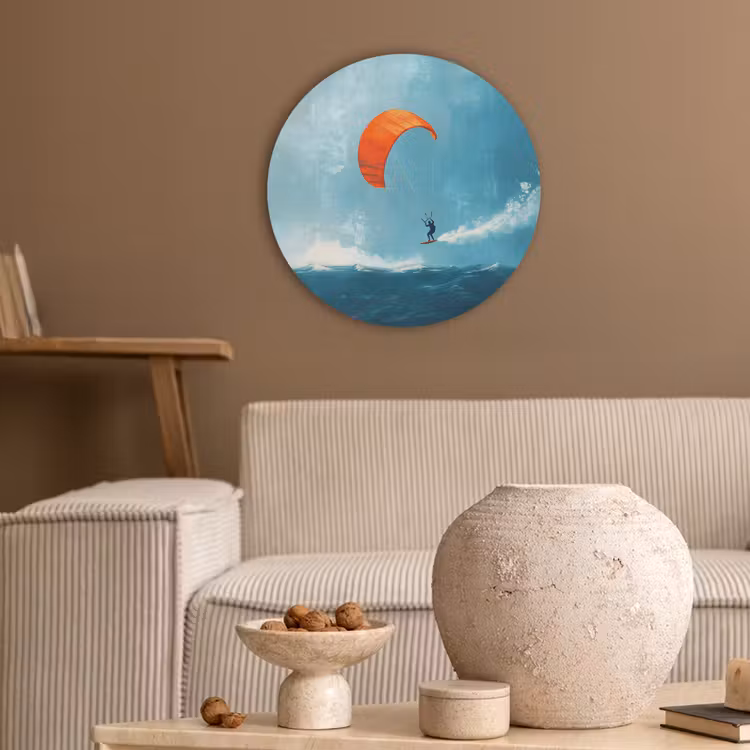 Kitesurfer - Oranje - Zee - Lucht Akoestische PET Vilt - Rond klein -sfeer1