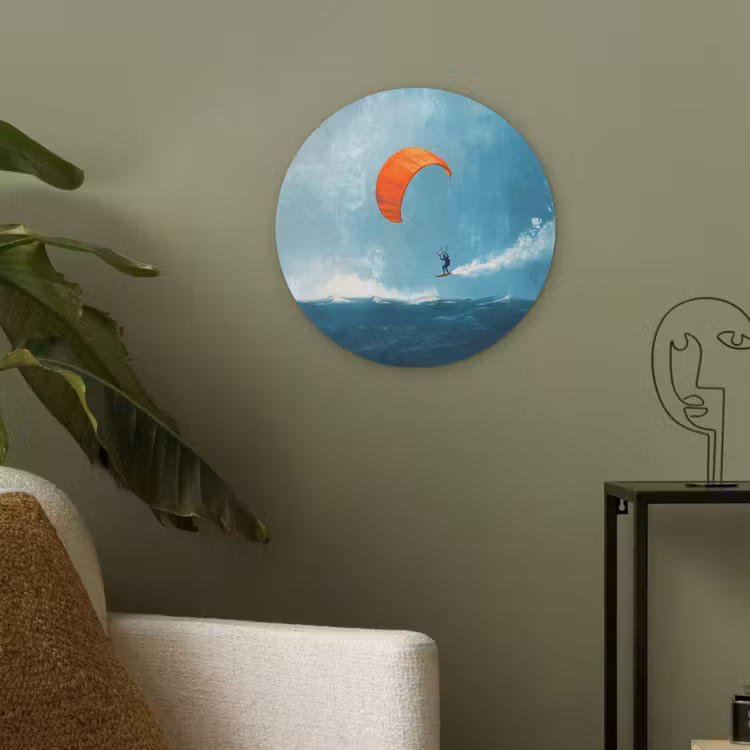 Kitesurfer - Oranje - Zee - Lucht Akoestische PET Vilt - Rond klein -sfeer2