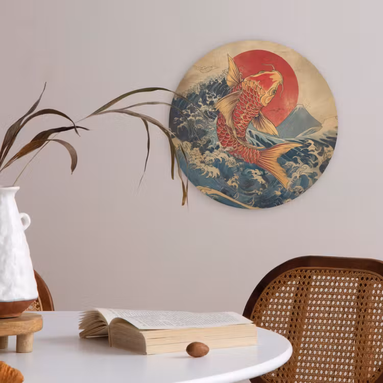 Koi - Zee - Golven - Zon Akoestische PET Vilt - Rond klein -sfeer3