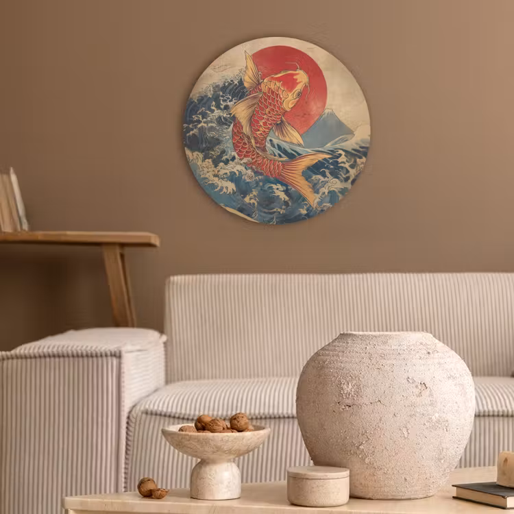 Koi - Zee - Golven - Zon Akoestische PET Vilt - Rond klein -sfeer1