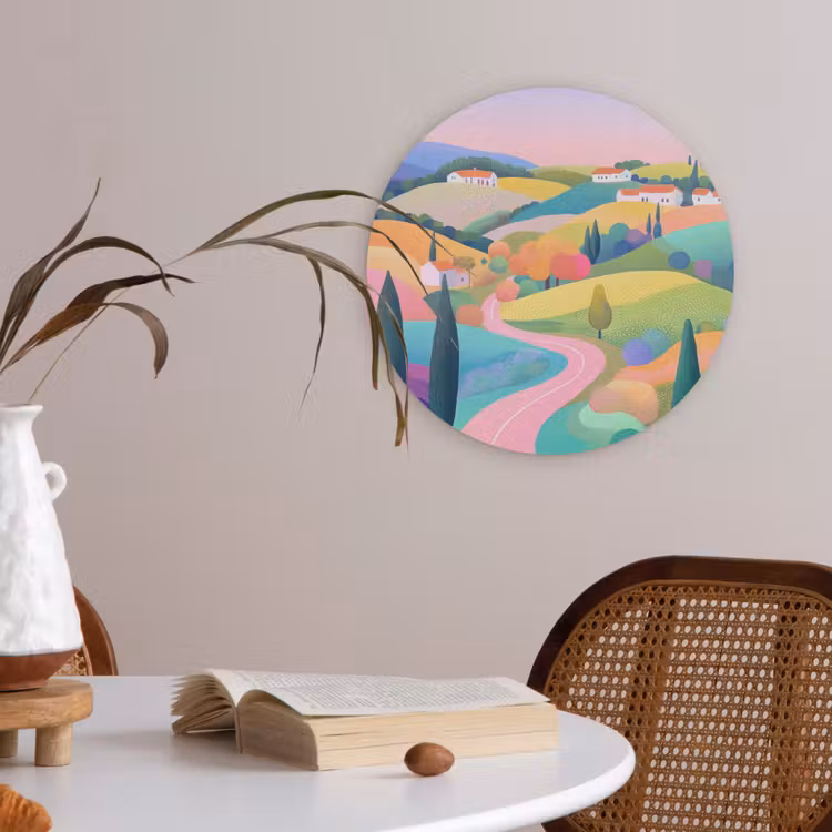 Landschap - Paars - Pastel - Huizen Akoestische PET Vilt - Rond klein -sfeer3