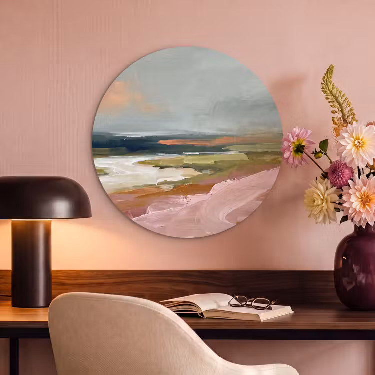 Landschap - Rivier - Abstract - Roze - Groen Akoestische PET Vilt - Rond klein -sfeer3