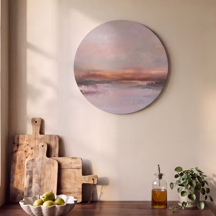 Landschap - Zonsondergang - Abstract - Modern - Roze Akoestische PET Vilt - Rond klein -sfeer2