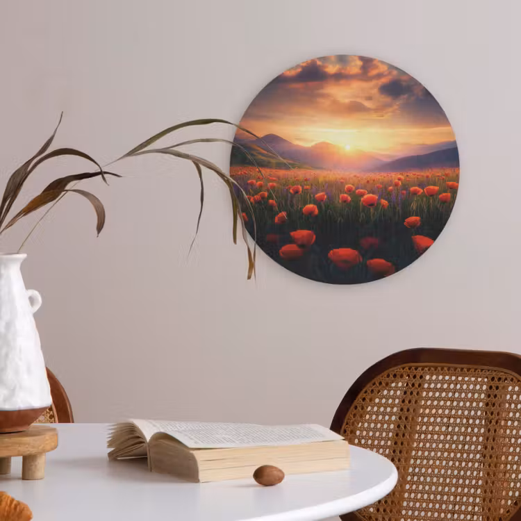 Landschap - Zonsondergang - Bloemenveld Akoestische PET Vilt - Rond klein -sfeer3