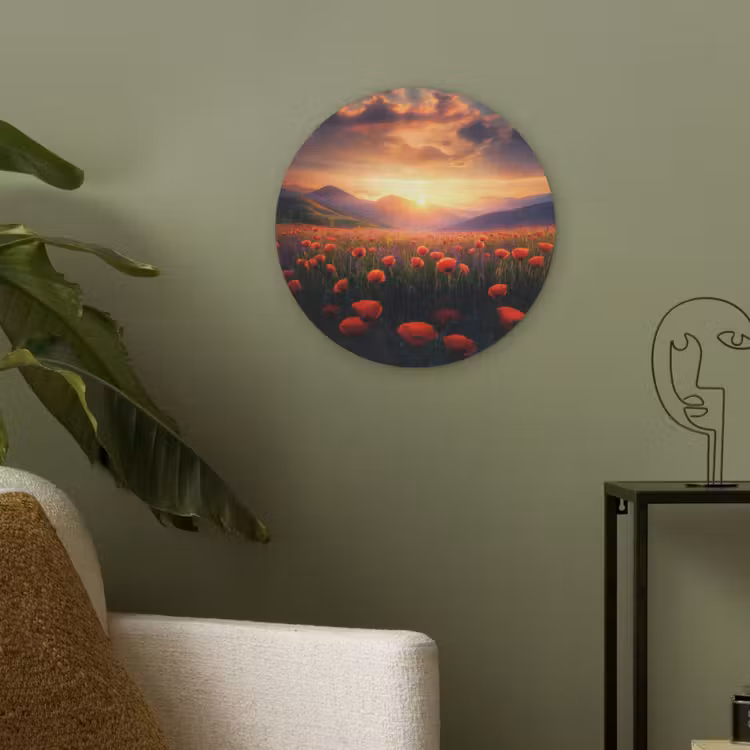 Landschap - Zonsondergang - Bloemenveld Akoestische PET Vilt - Rond klein -sfeer2