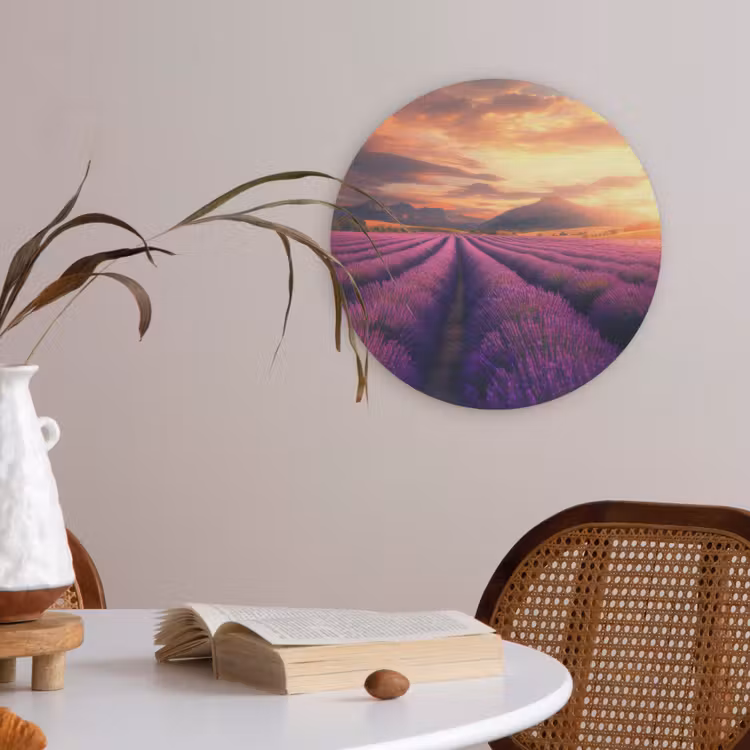 Lavendelveld - Zonsondergang - Paars Akoestische PET Vilt - Rond klein -sfeer3