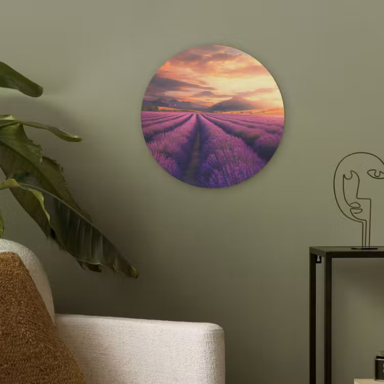 Lavendelveld - Zonsondergang - Paars Akoestische PET Vilt - Rond klein -sfeer2