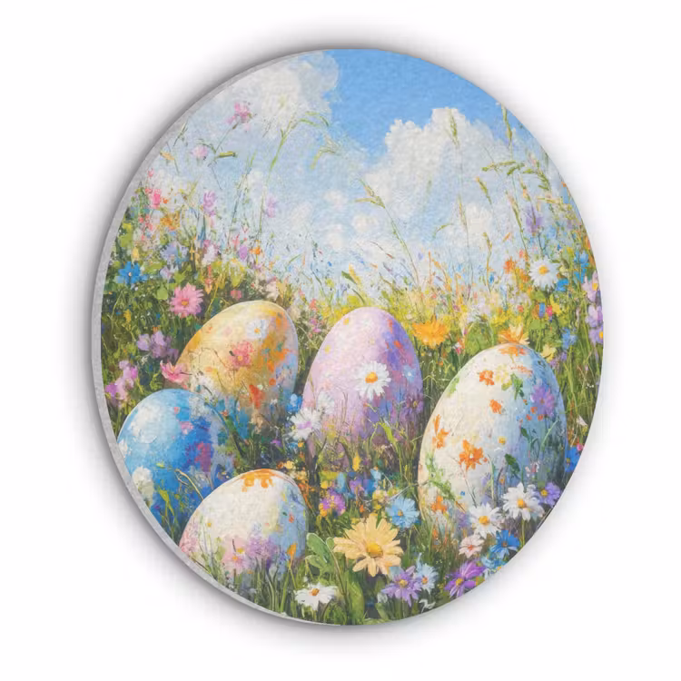 Grasveld - Eieren - Bloemen Akoestische PET Vilt - Rond klein -3d