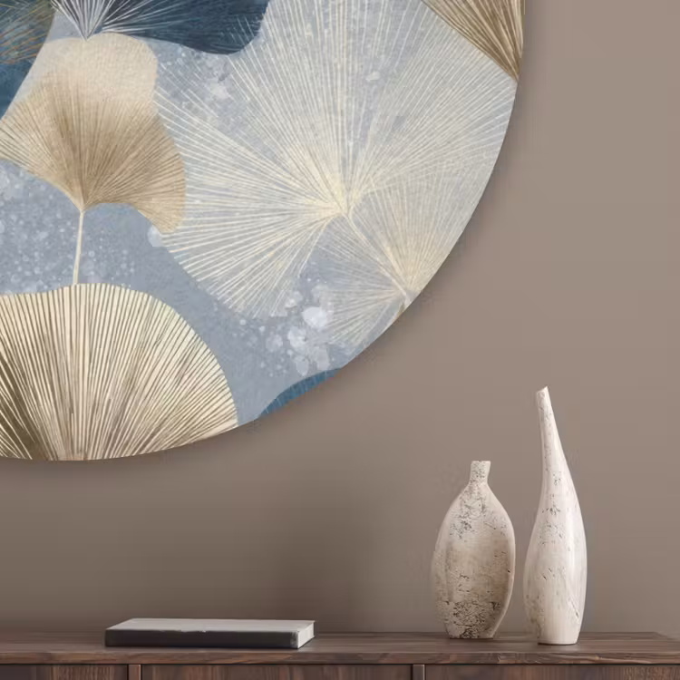 Bladeren - Abstract - Goud - Blauw Akoestische PET Vilt - Rond klein -sfeer5_closeup