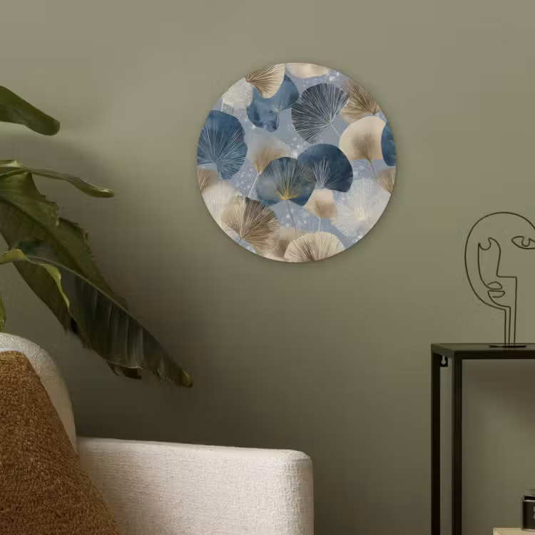 Bladeren - Abstract - Goud - Blauw Akoestische PET Vilt - Rond klein -sfeer2