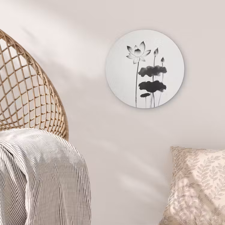 Bladeren - Zwart - Lotusbloem - Minimalitisch Akoestische PET Vilt - Rond klein -sfeer4
