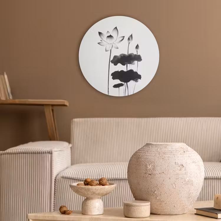 Bladeren - Zwart - Lotusbloem - Minimalitisch Akoestische PET Vilt - Rond klein -sfeer1