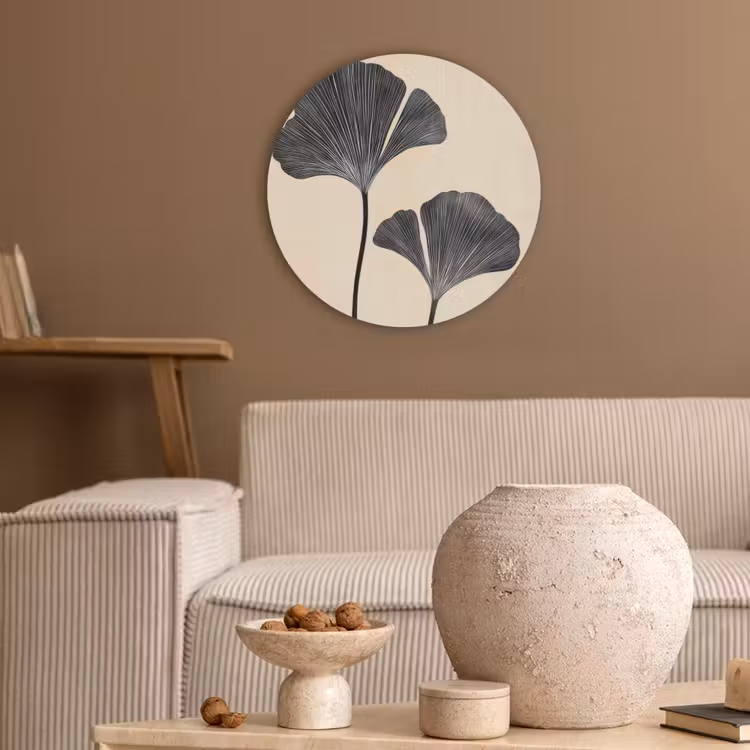 Bladeren - Minimalistisch - Zwart Akoestische PET Vilt - Rond klein -sfeer1