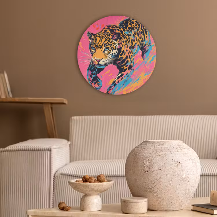 Luipaard - Roze - Oranje - Blauw - Verf Akoestische PET Vilt - Rond klein -sfeer1