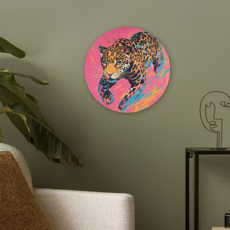 Luipaard - Roze - Oranje - Blauw - Verf Akoestische PET Vilt - Rond klein -sfeer2