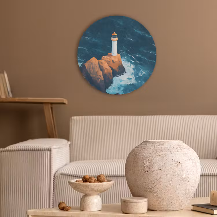 Vuurtoren - Rots - Zee - Golven Akoestische PET Vilt - Rond klein -sfeer1