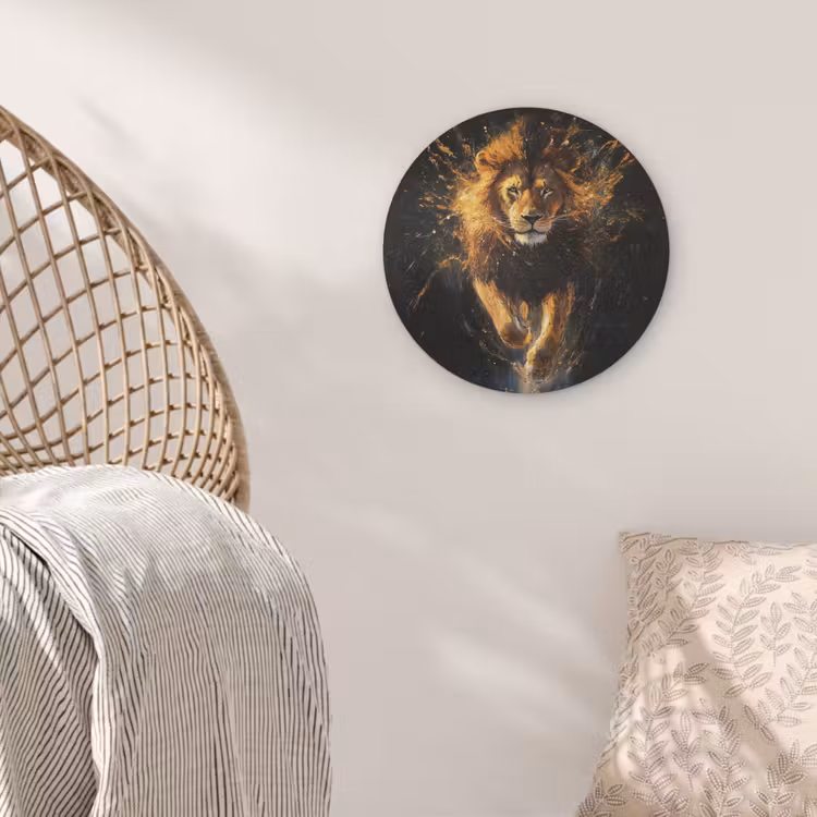 Leeuw - Zwart - Oranje - Verf Akoestische PET Vilt - Rond klein -sfeer4