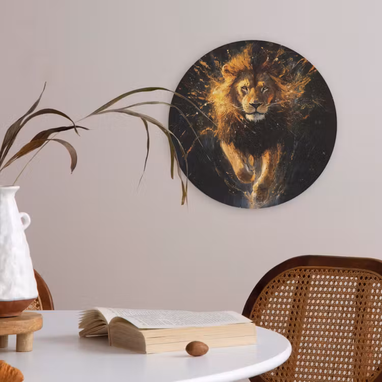 Leeuw - Zwart - Oranje - Verf Akoestische PET Vilt - Rond klein -sfeer3