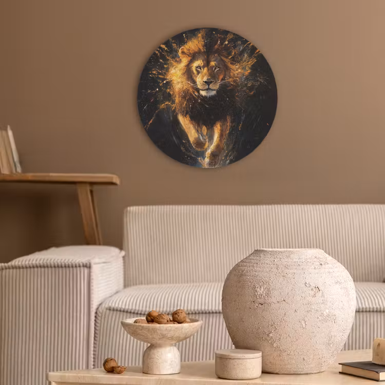 Leeuw - Zwart - Oranje - Verf Akoestische PET Vilt - Rond klein -sfeer1