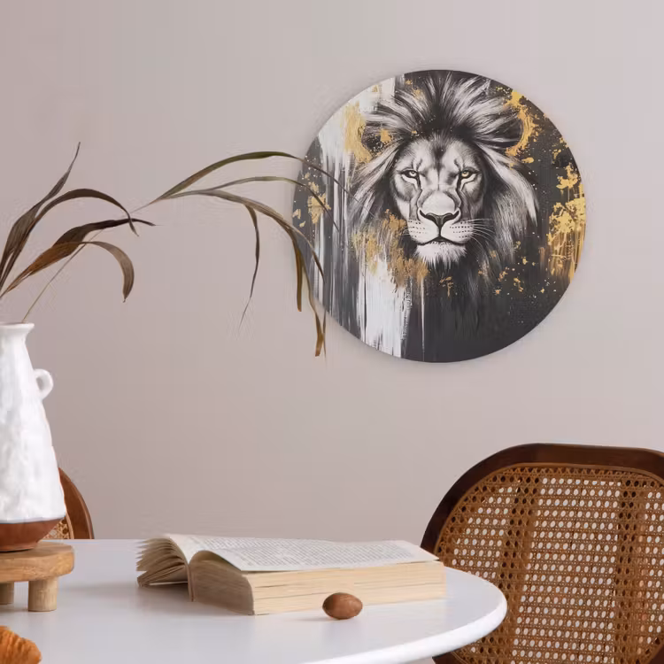 Leeuw - Portret - Verfspatten - Grijs Akoestische PET Vilt - Rond klein -sfeer3