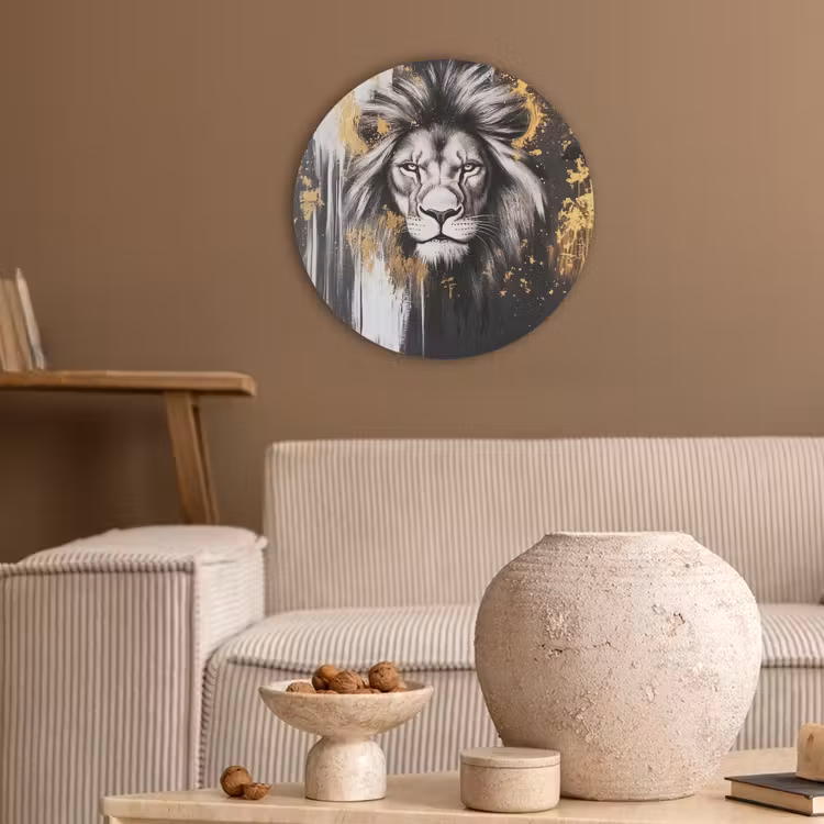 Leeuw - Portret - Verfspatten - Grijs Akoestische PET Vilt - Rond klein -sfeer1