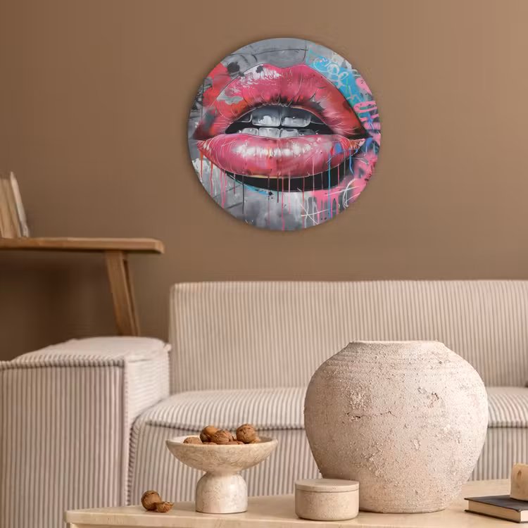 Lippen - Felroze - Graffiti - Verfstrepen Akoestische PET Vilt - Rond klein -sfeer1