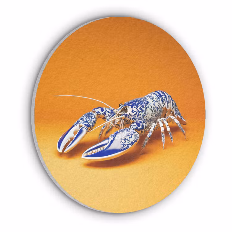 Kreeft - Delftsblauw - Schild - Stoer - Oranje Akoestische PET Vilt - Rond klein -3d