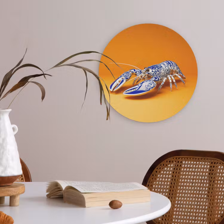 Kreeft - Delftsblauw - Schild - Stoer - Oranje Akoestische PET Vilt - Rond klein -sfeer3