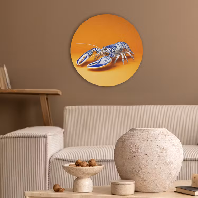Kreeft - Delftsblauw - Schild - Stoer - Oranje Akoestische PET Vilt - Rond klein -sfeer1