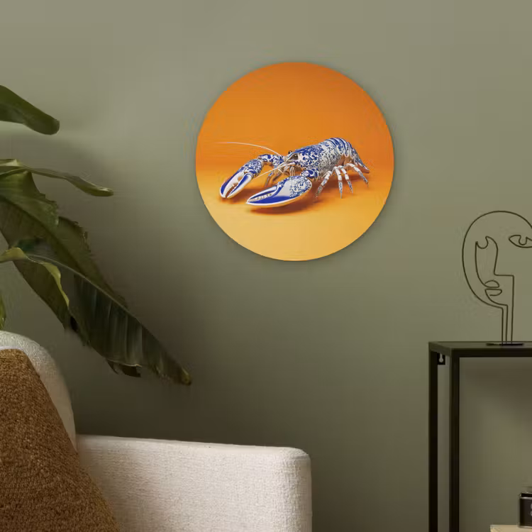 Kreeft - Delftsblauw - Schild - Stoer - Oranje Akoestische PET Vilt - Rond klein -sfeer2