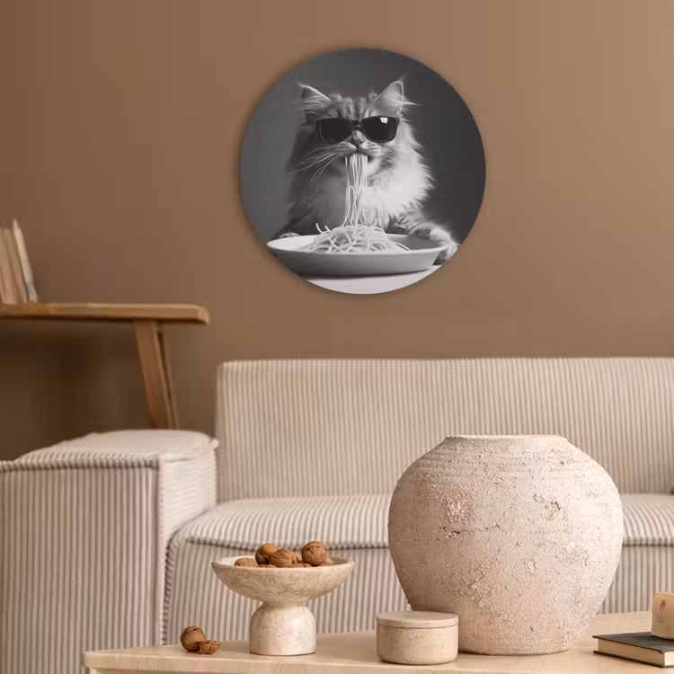 Langharige kat - Zonnebril - Spaghetti - Humor - Zwart - wit Akoestische PET Vilt - Rond klein -sfeer1