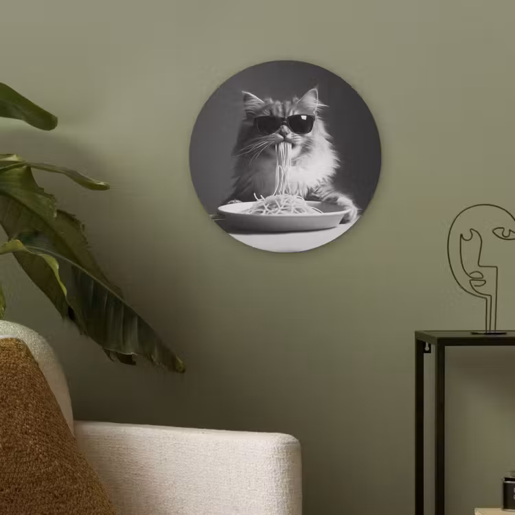 Langharige kat - Zonnebril - Spaghetti - Humor - Zwart - wit Akoestische PET Vilt - Rond klein -sfeer2