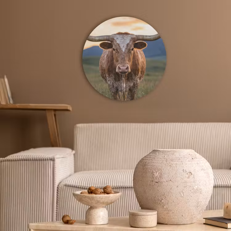 Longhorn - Landschap - Zonsondergang Akoestische PET Vilt - Rond klein -sfeer1