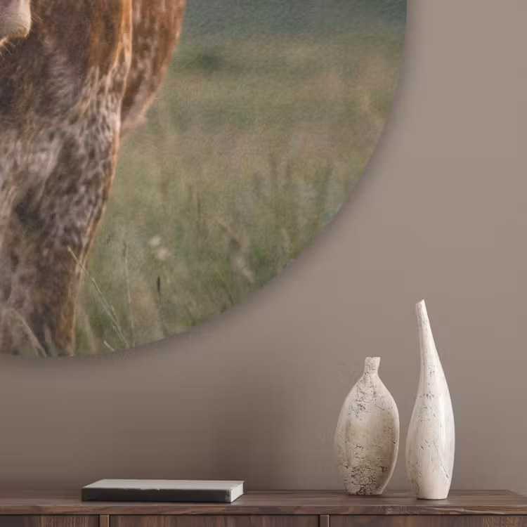Longhorn - Landschap - Zonsondergang Akoestische PET Vilt - Rond klein -sfeer5_closeup