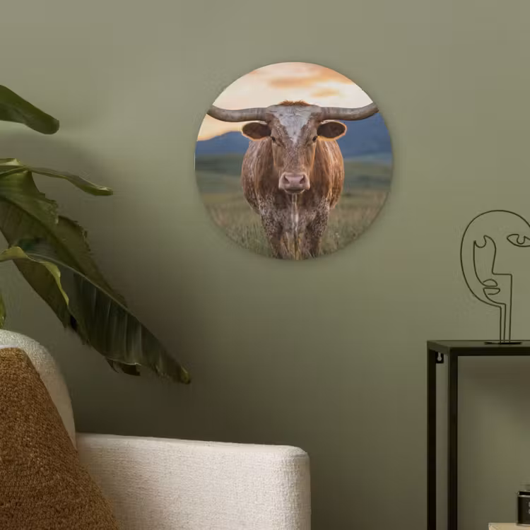 Longhorn - Landschap - Zonsondergang Akoestische PET Vilt - Rond klein -sfeer2