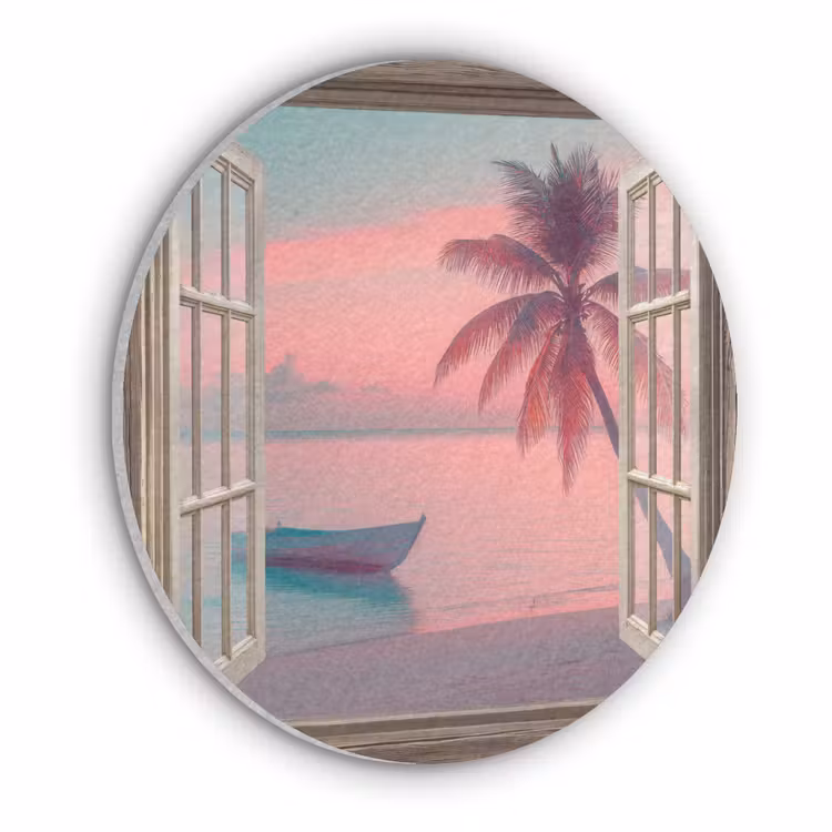 Doorkijk - Strand - Palmboom - Tropisch Akoestische PET Vilt - Rond klein -3d