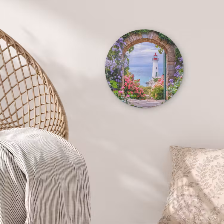 Doorkijk - Vuurtoren - Bloemen - Uitzicht Akoestische PET Vilt - Rond klein -sfeer4