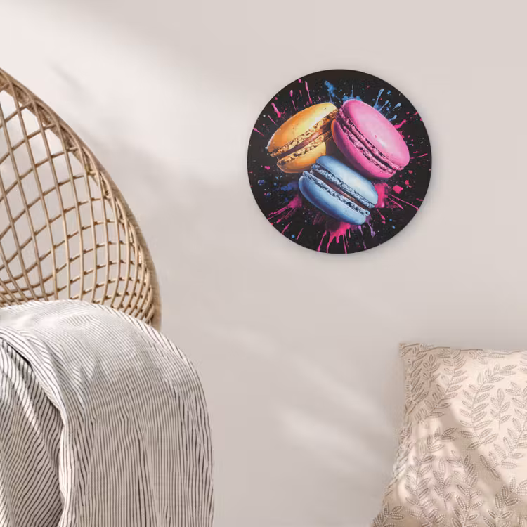 Macarons - Dessert - Graffiti - Kleurrijk - Roze - Blauw - Geel Akoestische PET Vilt - Rond klein -sfeer4