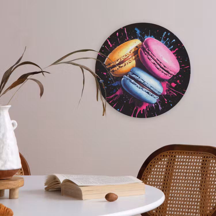 Macarons - Dessert - Graffiti - Kleurrijk - Roze - Blauw - Geel Akoestische PET Vilt - Rond klein -sfeer3