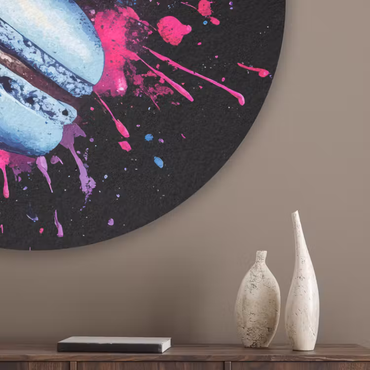 Macarons - Dessert - Graffiti - Kleurrijk - Roze - Blauw - Geel Akoestische PET Vilt - Rond klein -sfeer5_closeup