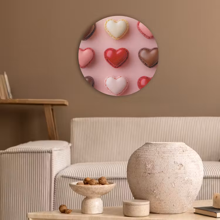 Macarons - Hartjes - Kleurrijk - Roze Akoestische PET Vilt - Rond klein -sfeer1