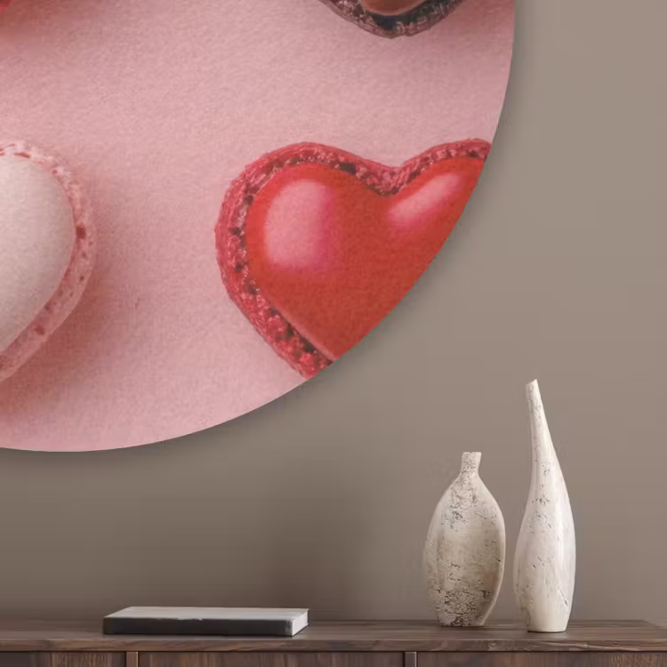 Macarons - Hartjes - Kleurrijk - Roze Akoestische PET Vilt - Rond klein -sfeer5_closeup