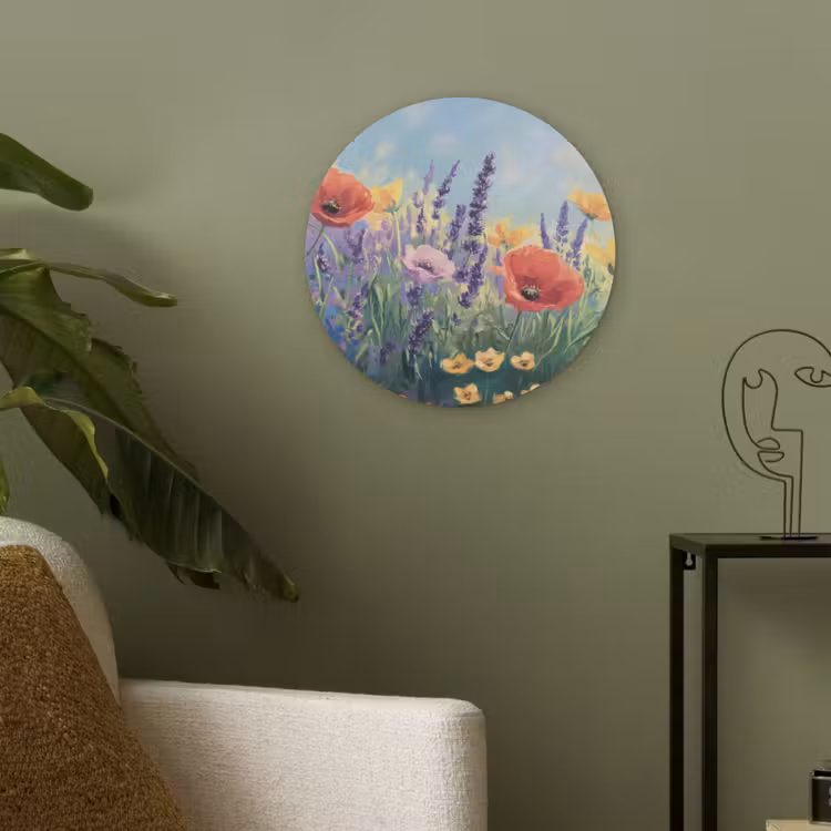 Weide - Bloemen - Kleurrijk Akoestische PET Vilt - Rond klein -sfeer2
