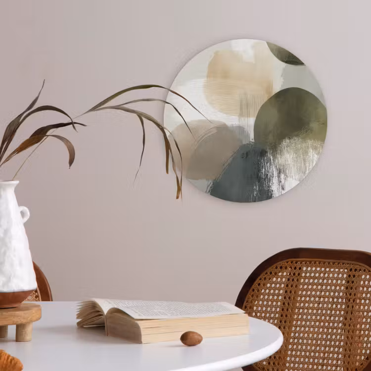 Minimalistisch - Cirkels - Penseelstreken - Beige Akoestische PET Vilt - Rond klein -sfeer3