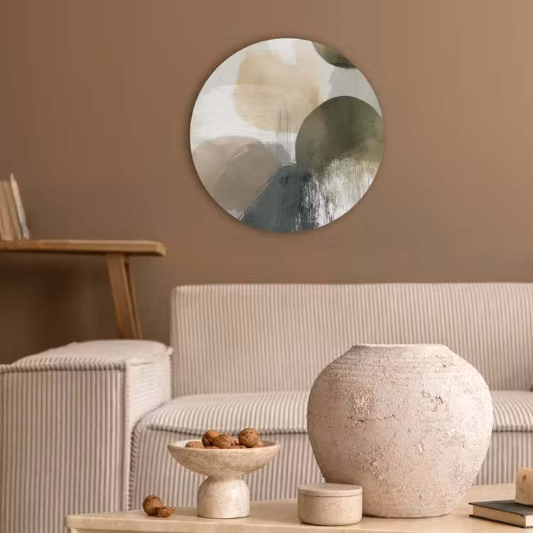 Minimalistisch - Cirkels - Penseelstreken - Beige Akoestische PET Vilt - Rond klein -sfeer1