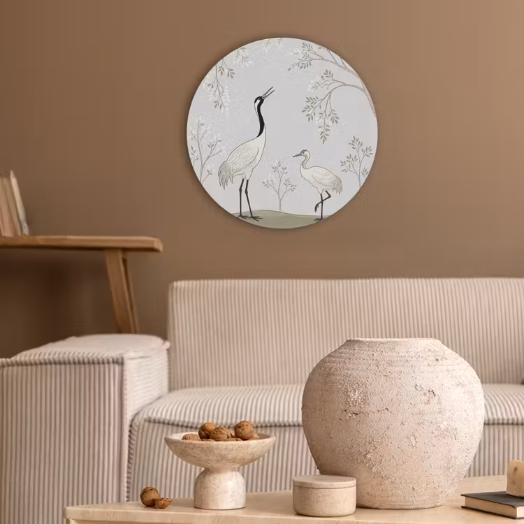 Minimalistisch - Kraanvogels - Blauw Akoestische PET Vilt - Rond klein -sfeer1