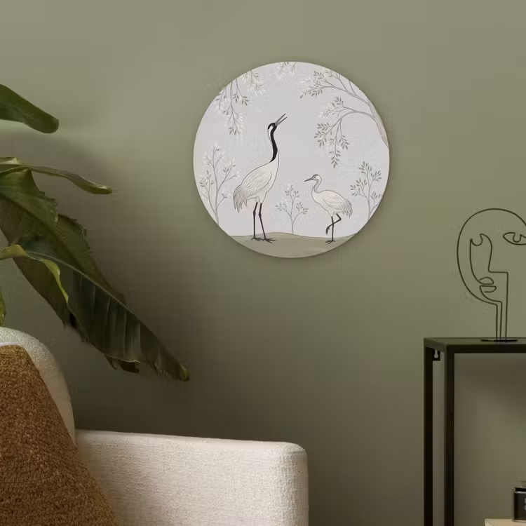 Minimalistisch - Kraanvogels - Blauw Akoestische PET Vilt - Rond klein -sfeer2