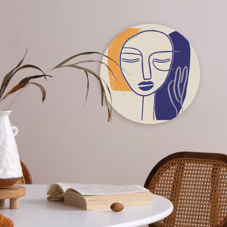 Minimalistisch - Gezicht - Hand - Oranje - Blauw Akoestische PET Vilt - Rond klein -sfeer3