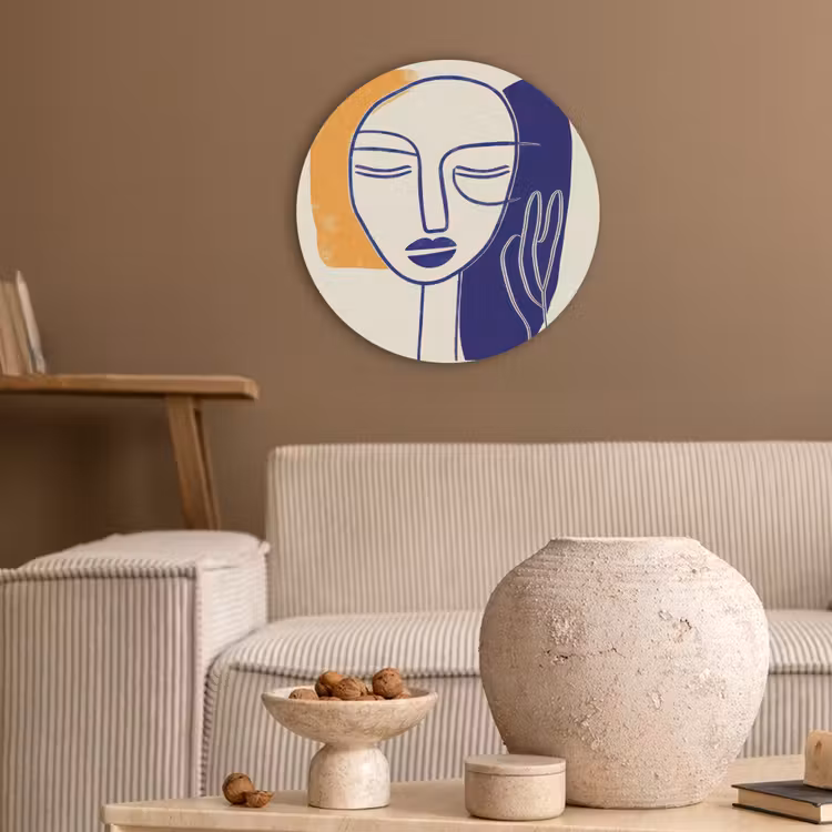 Minimalistisch - Gezicht - Hand - Oranje - Blauw Akoestische PET Vilt - Rond klein -sfeer1